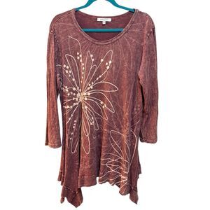 Jess & Jane Shirt Womens Medium Purple Floral Asymmetrical Tunic Top Cotton